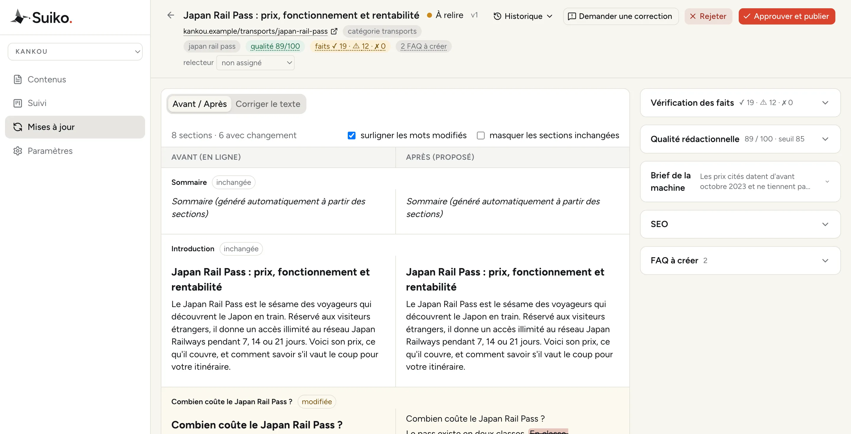 Une proposition de mise à jour dans Suiko : comparatif avant et après, vérification des faits, qualité rédactionnelle.