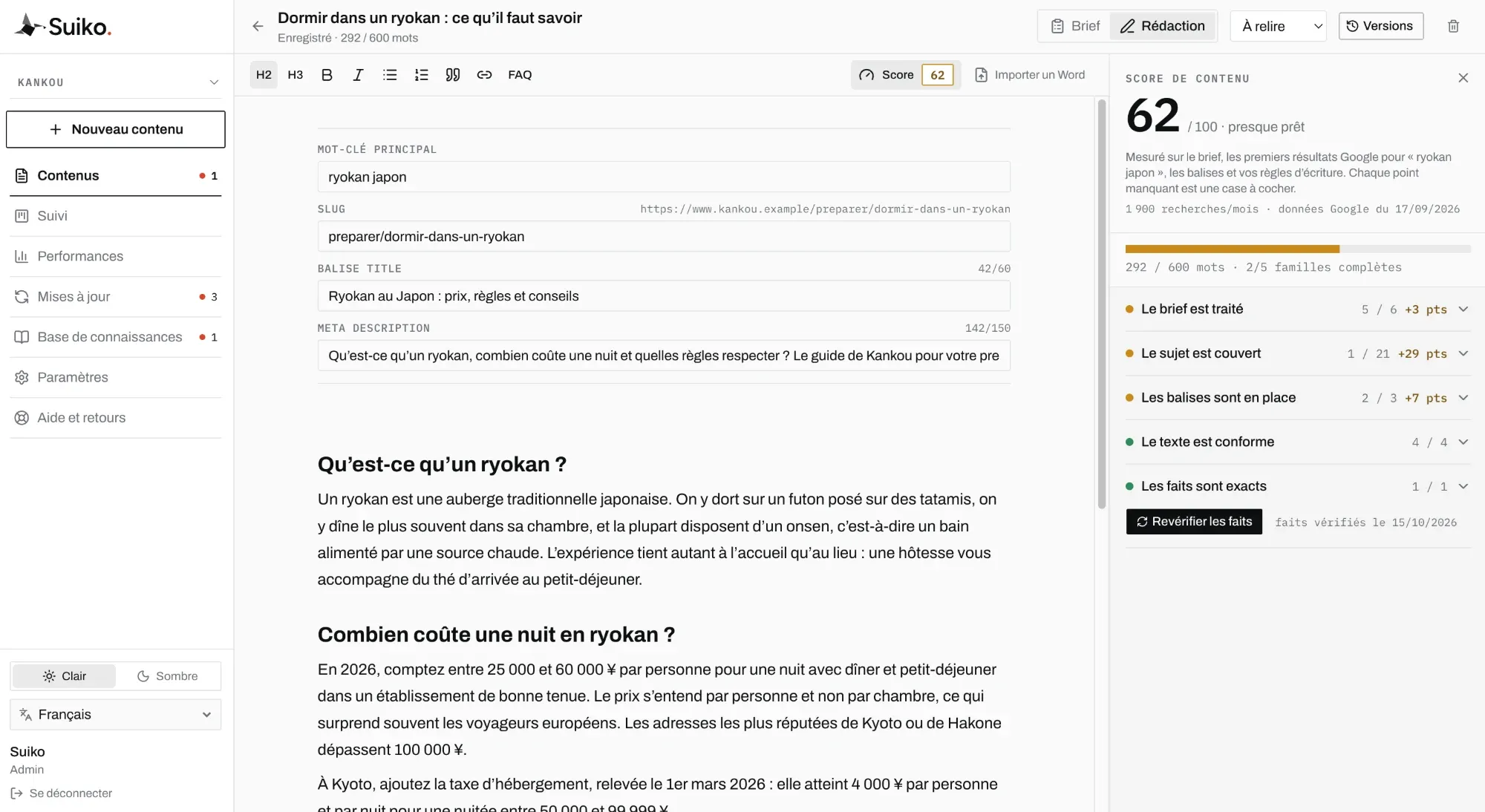 Le score de contenu dans Suiko : cinq familles, dont « Les faits sont exacts », vérifiée contre la base de connaissances.